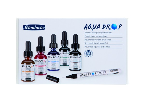 Schmincke I Aqua Drop I Kartonset I flüssige Aquarellfarben I 5 x 30 ml Flaschen + Liner